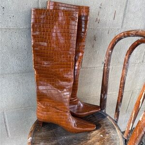 NWT Staud Wally Brown Croc-Embossed Knee-High Boots